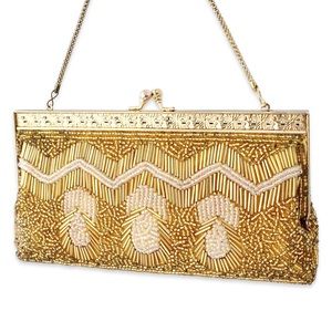 Vintage Beaded Evening Bag Gold and Aurora Borealis Bead Clutch Purse
